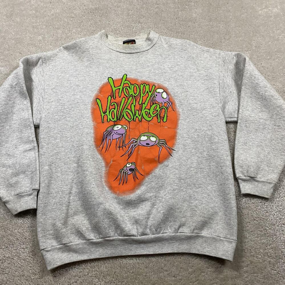 VTG 90s Happy Halloween Sweatshirt Mens L Gray TSI Spider Graphic Pullover